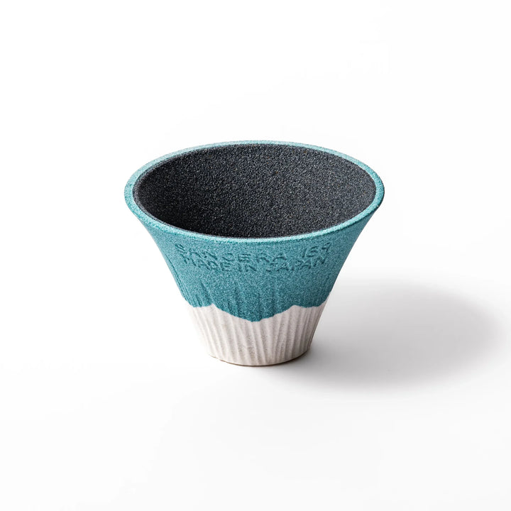 Turquoise Mount Fuji ceramic coffee filter with snowy peak handcrafted in Japan for unique pour over brewing.