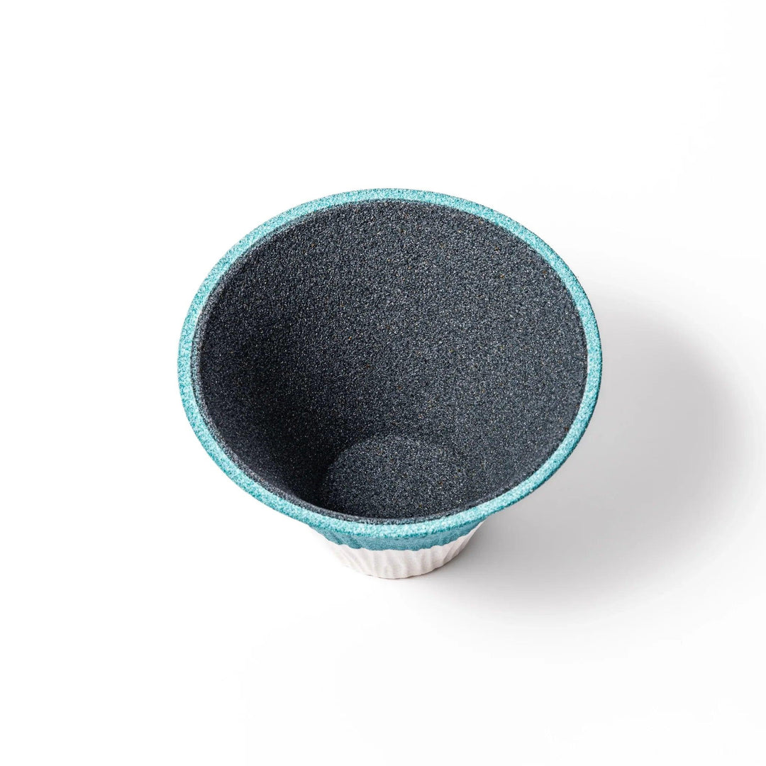 Turquoise Mount Fuji ceramic coffee filter with snowy peak handcrafted in Japan for unique pour over brewing.