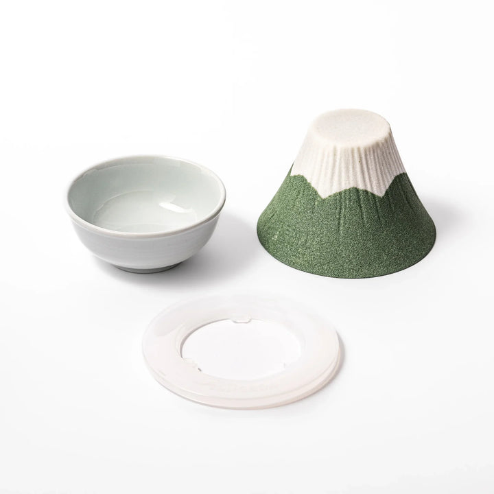 Matcha green Mount Fuji ceramic coffee filter with snowy peak handcrafted in Japan for stylish pour over use.
