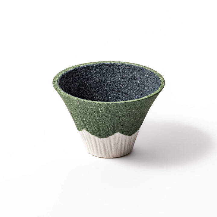Matcha green Mount Fuji ceramic coffee filter with snowy peak handcrafted in Japan for stylish pour over use.