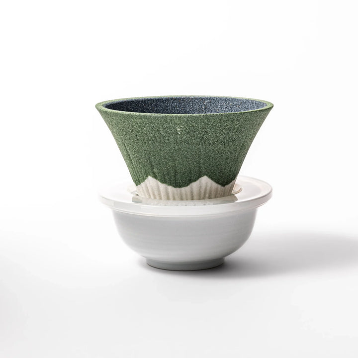 Matcha green Mount Fuji ceramic coffee filter with snowy peak handcrafted in Japan for stylish pour over use.