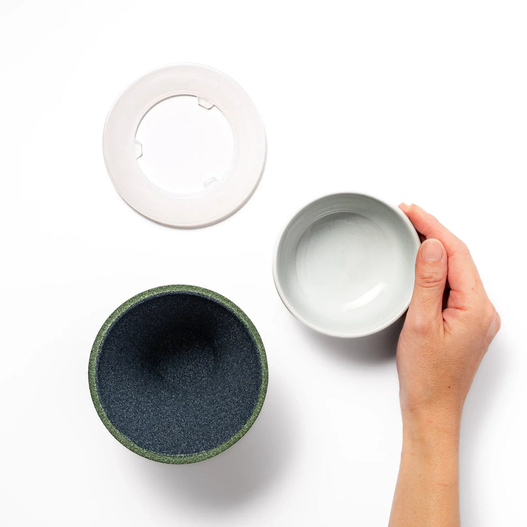 Matcha green Mount Fuji ceramic coffee filter with snowy peak handcrafted in Japan for stylish pour over use.