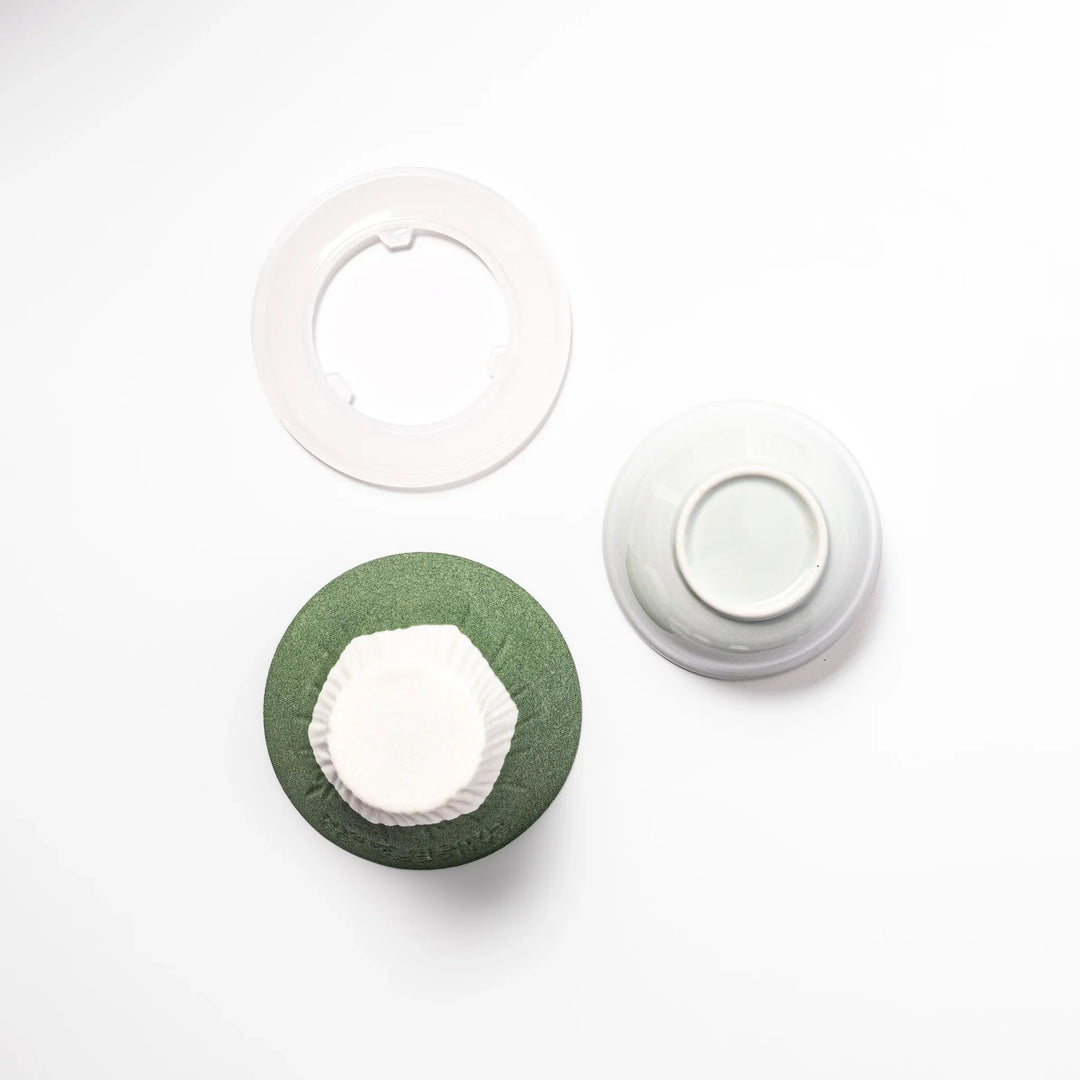 Matcha green Mount Fuji ceramic coffee filter with snowy peak handcrafted in Japan for stylish pour over use.