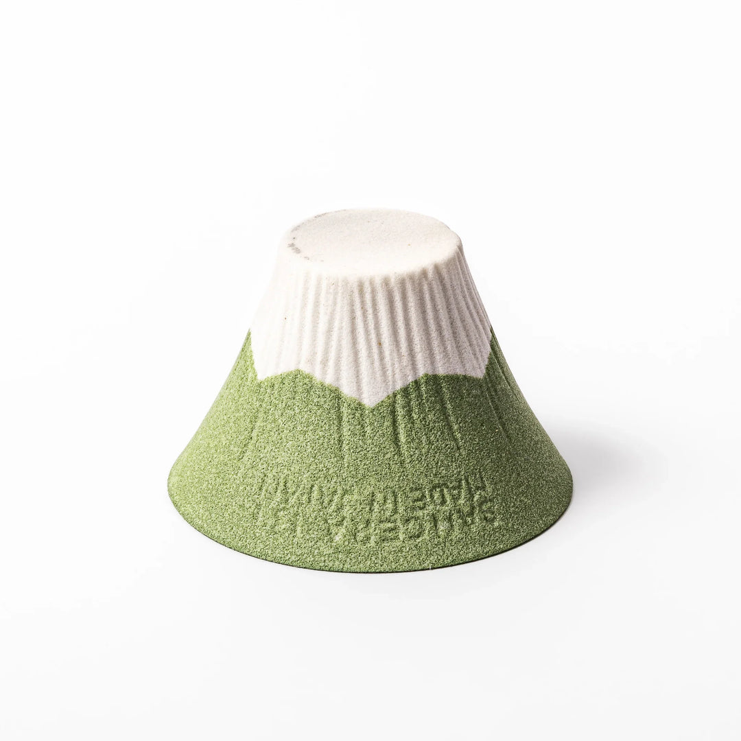 Wasabi green Mount Fuji ceramic coffee filter with snowy peak handmade in Japan for reusable pour over.
