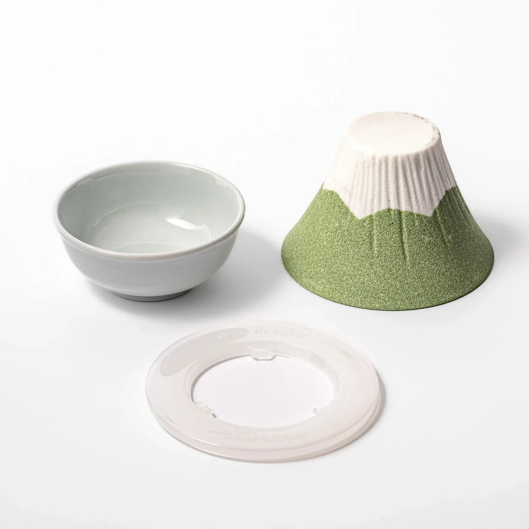 Wasabi green Mount Fuji ceramic coffee filter with snowy peak handmade in Japan for reusable pour over.