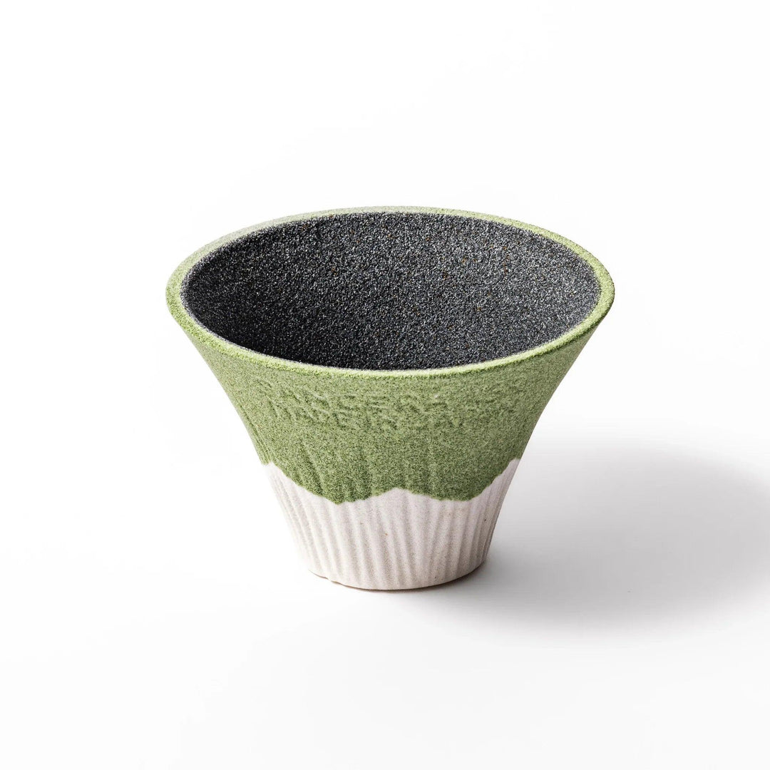 Wasabi green Mount Fuji ceramic coffee filter with snowy peak handmade in Japan for reusable pour over.