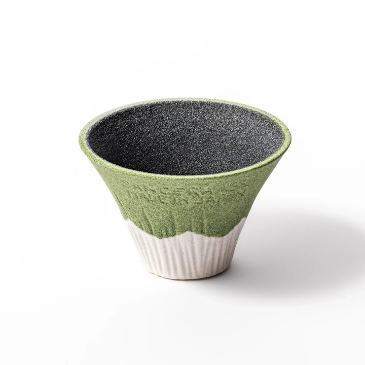 Wasabi green Mount Fuji ceramic coffee filter with snowy peak handmade in Japan for reusable pour over.