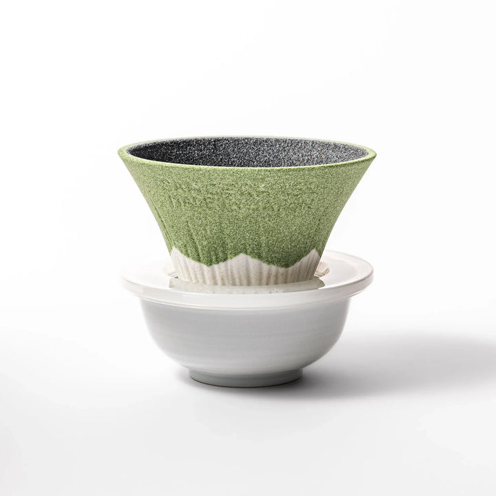 Wasabi green Mount Fuji ceramic coffee filter with snowy peak handmade in Japan for reusable pour over.