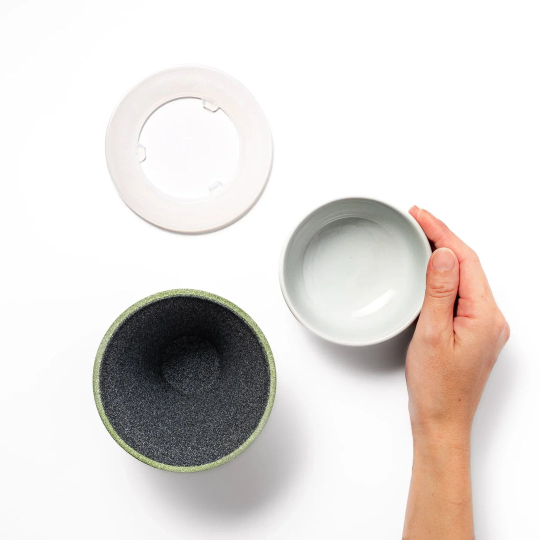 Wasabi green Mount Fuji ceramic coffee filter with snowy peak handmade in Japan for reusable pour over.