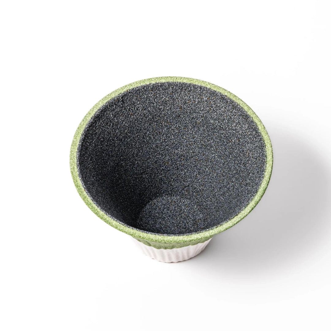 Wasabi green Mount Fuji ceramic coffee filter with snowy peak handmade in Japan for reusable pour over.