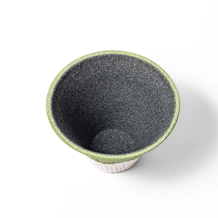 Wasabi green Mount Fuji ceramic coffee filter with snowy peak handmade in Japan for reusable pour over.
