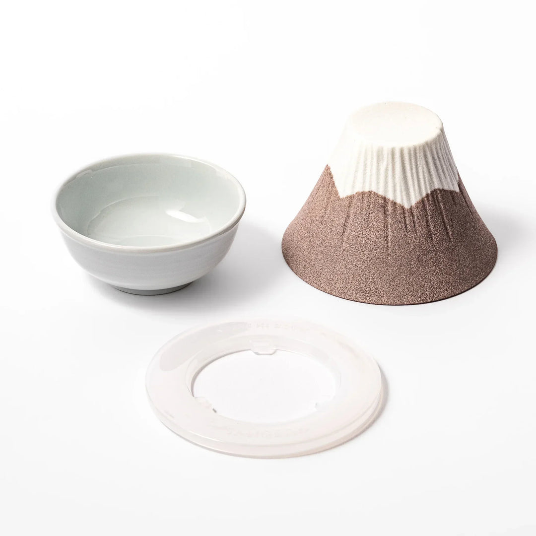 Cocoa Mount Fuji ceramic coffee filter with snowy peak handmade in Japan for eco friendly pour over brewing.