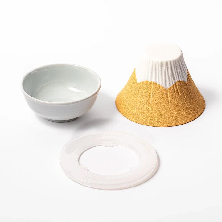 Sunflower yellow Mount Fuji ceramic coffee filter with snowy peak handcrafted in Japan for eco pour over.