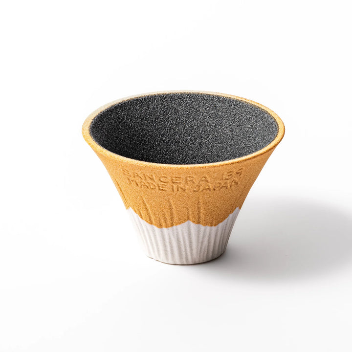 Sunflower yellow Mount Fuji ceramic coffee filter with snowy peak handcrafted in Japan for eco pour over.