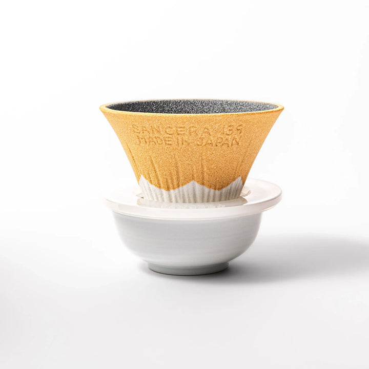 Sunflower yellow Mount Fuji ceramic coffee filter with snowy peak handcrafted in Japan for eco pour over.