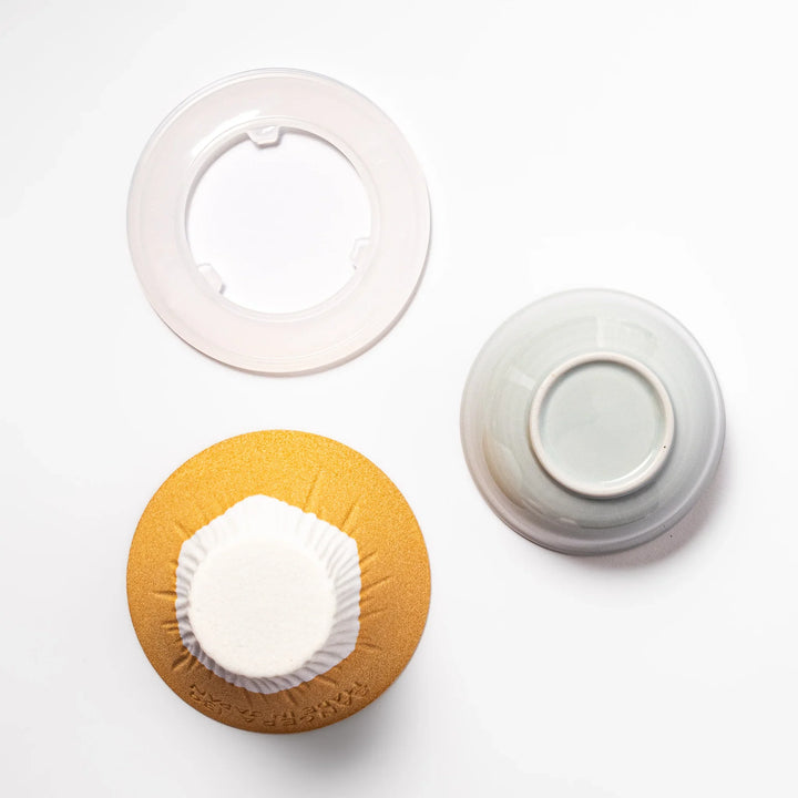 Sunflower yellow Mount Fuji ceramic coffee filter with snowy peak handcrafted in Japan for eco pour over.