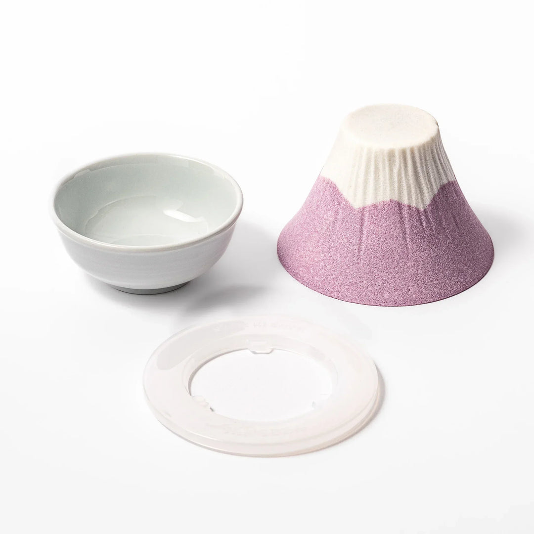 Lavender Mount Fuji ceramic coffee filter with snowy peak handcrafted in Japan for eco friendly brewing.