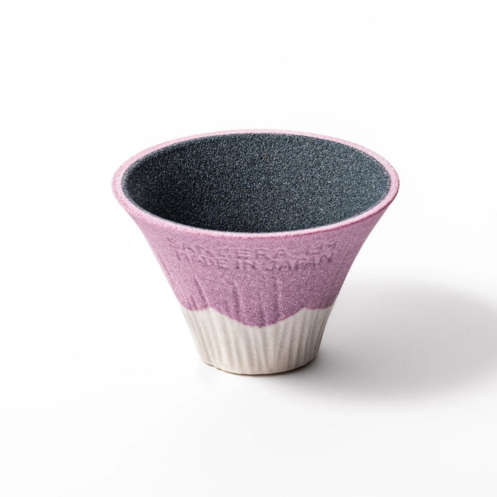 Lavender Mount Fuji ceramic coffee filter with snowy peak handcrafted in Japan for eco friendly brewing.