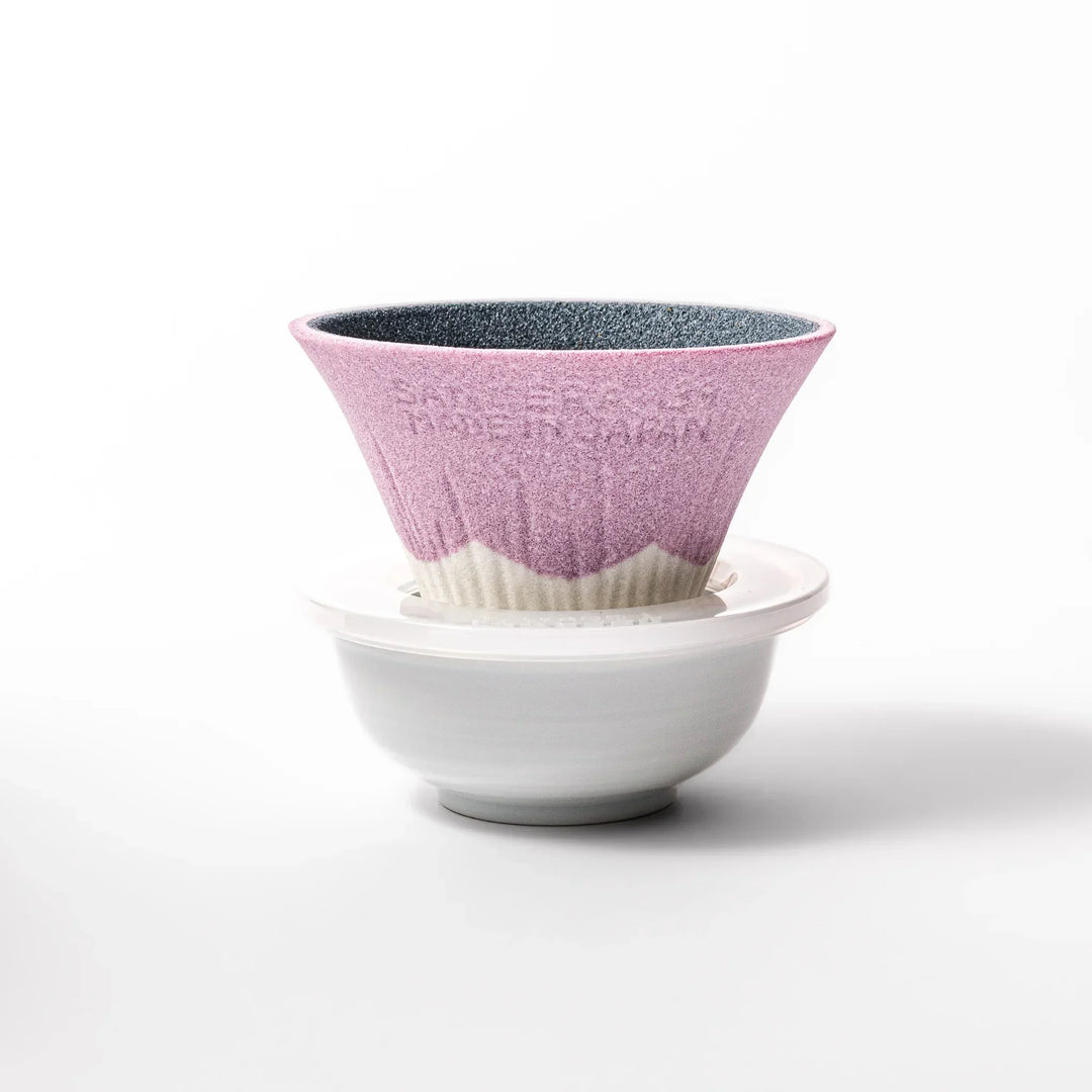 Lavender Mount Fuji ceramic coffee filter with snowy peak handcrafted in Japan for eco friendly brewing.