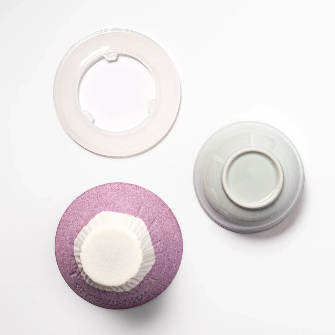 Lavender Mount Fuji ceramic coffee filter with snowy peak handcrafted in Japan for eco friendly brewing.