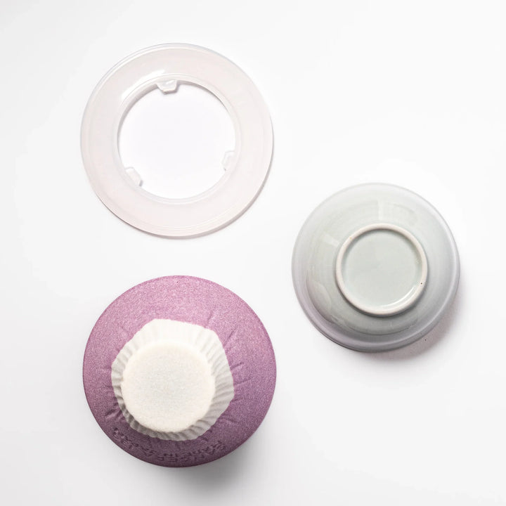 Lavender Mount Fuji ceramic coffee filter with snowy peak handcrafted in Japan for eco friendly brewing.