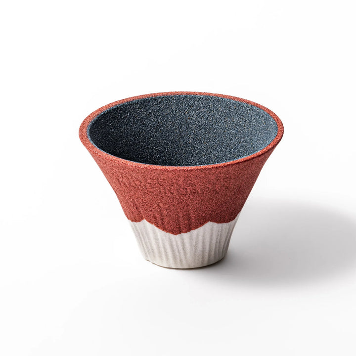 Red and white Mount Fuji ceramic coffee filter handcrafted in Japan for sustainable brewing and decor.