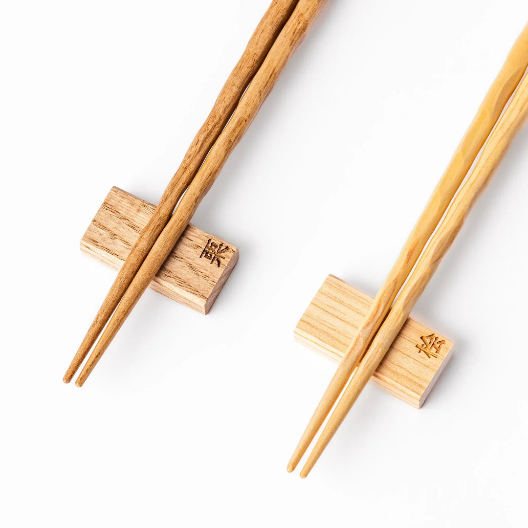 Natural Japanese wood chopsticks gift set with carved texture, handcrafted design in wooden box, made in Japan.
