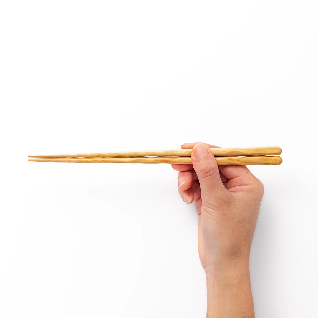 Natural Japanese wood chopsticks gift set with carved texture, handcrafted design in wooden box, made in Japan.