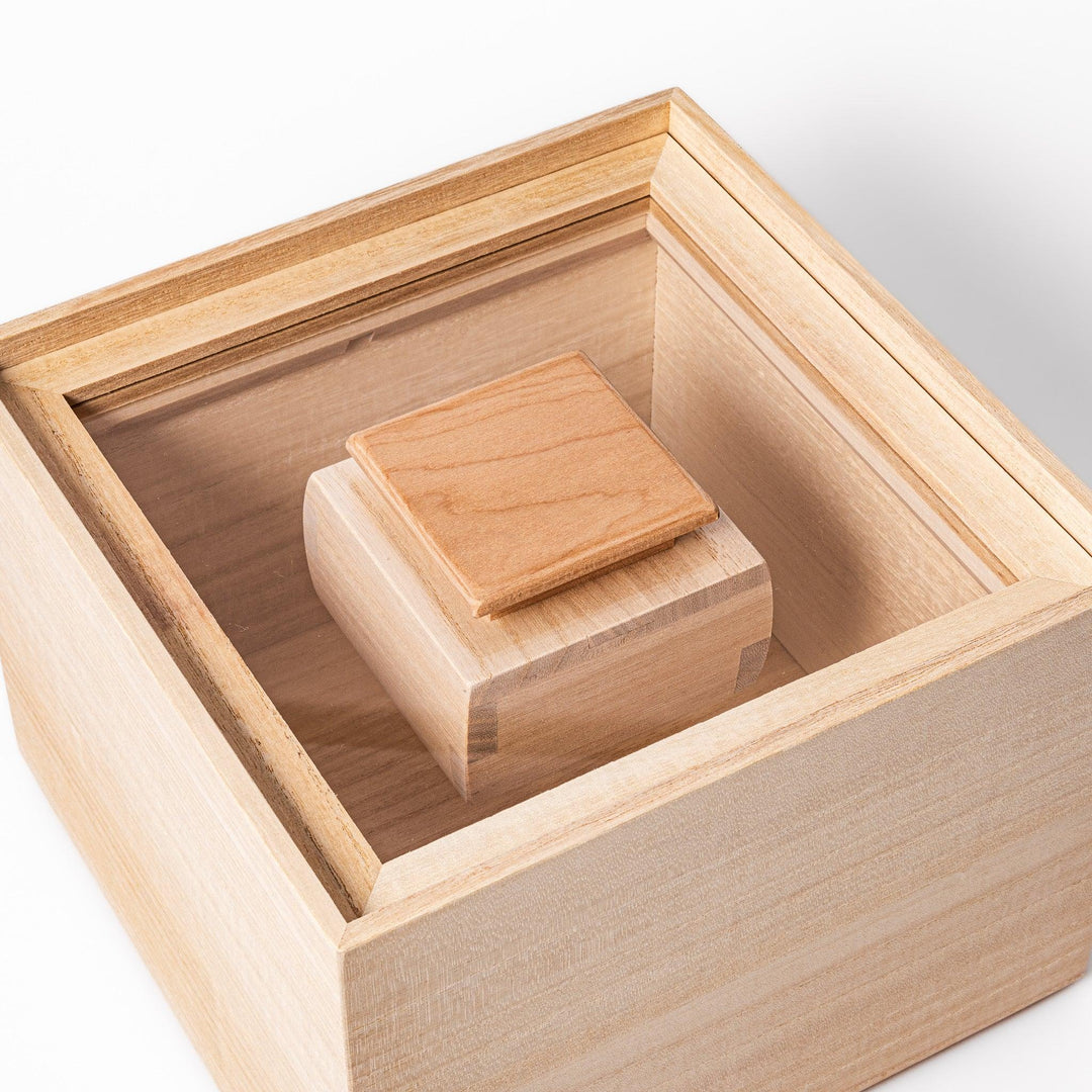 Paulownia wood rice container with airtight lid handcrafted in Japan to keep rice fresh and moisture free.