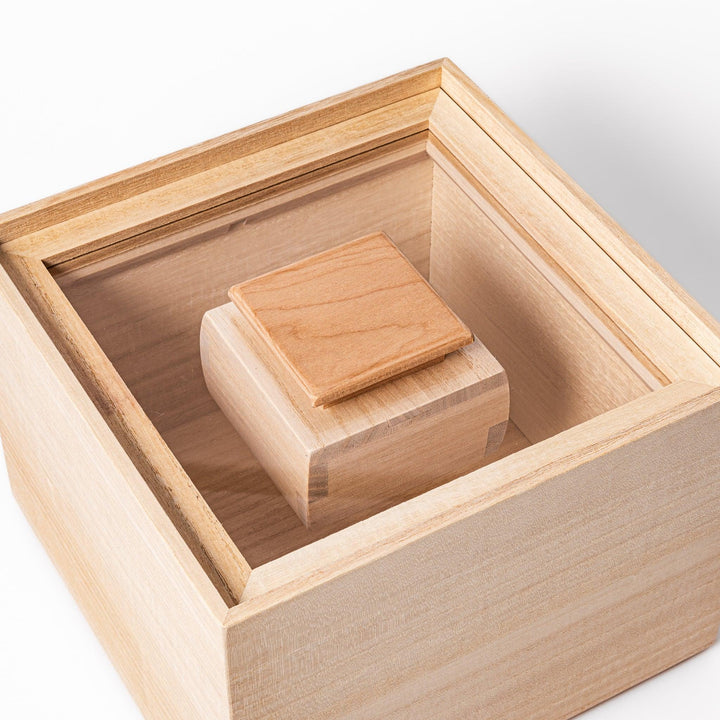 Paulownia wood rice container with airtight lid handcrafted in Japan to keep rice fresh and moisture free.