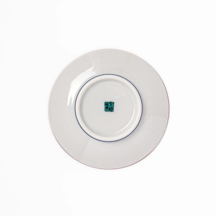 Red Japanese porcelain sauce dish featuring playful cat illustrations in various poses, perfect for soy sauce or dipping.