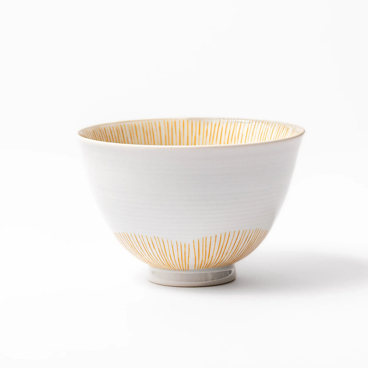 Japanese ceramic rice bowl with plum petal stripe design in orange, ideal for daily meals with a modern yet traditional touch