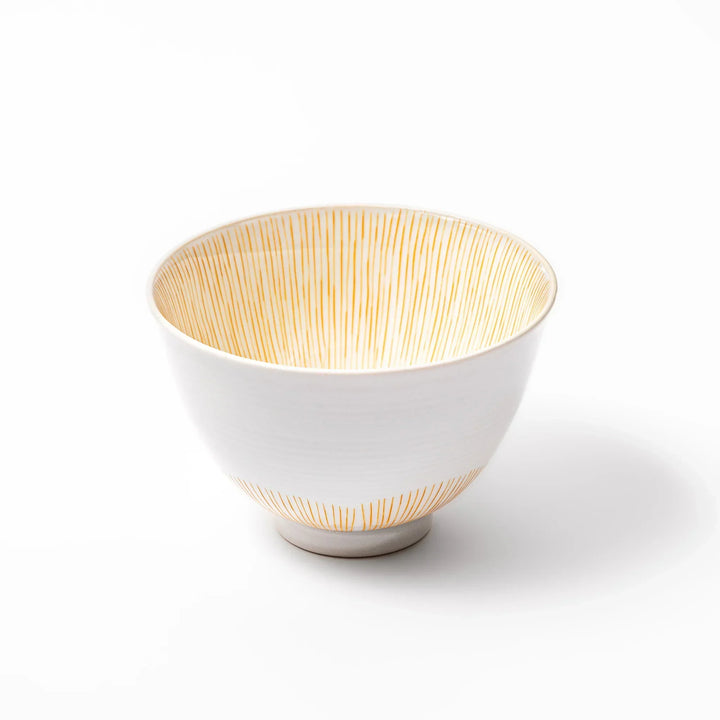 Japanese ceramic rice bowl with plum petal stripe design in orange, ideal for daily meals with a modern yet traditional touch