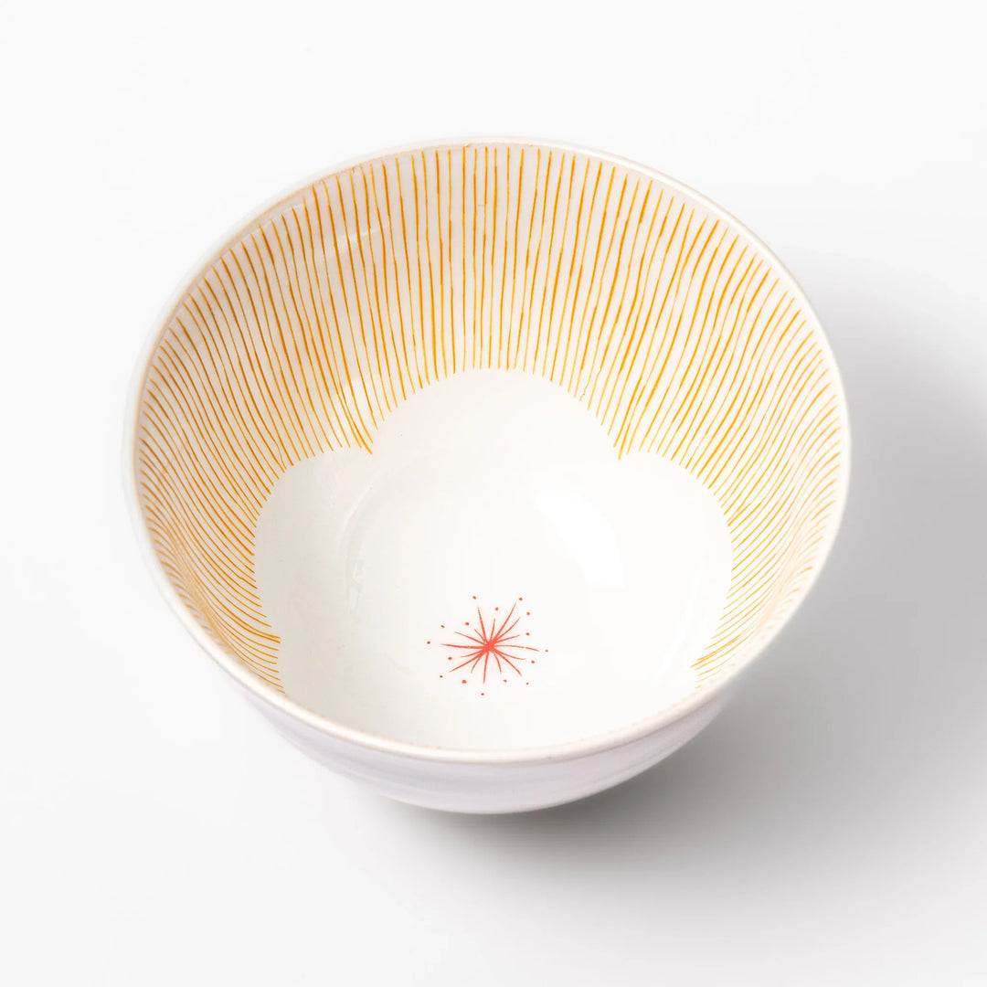 Japanese ceramic rice bowl with plum petal stripe design in orange, ideal for daily meals with a modern yet traditional touch