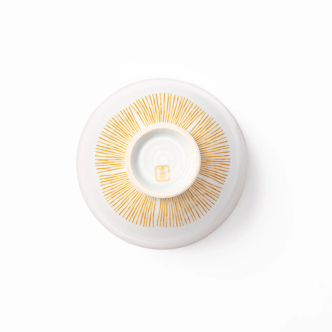 Japanese ceramic rice bowl with plum petal stripe design in orange, ideal for daily meals with a modern yet traditional touch