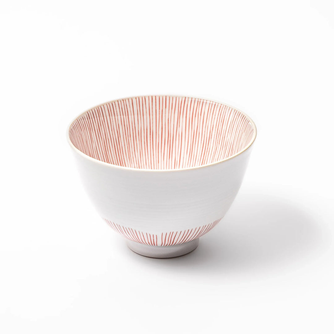 Japanese ceramic rice bowl with plum petal stripe design blending modern elegance with traditional style.