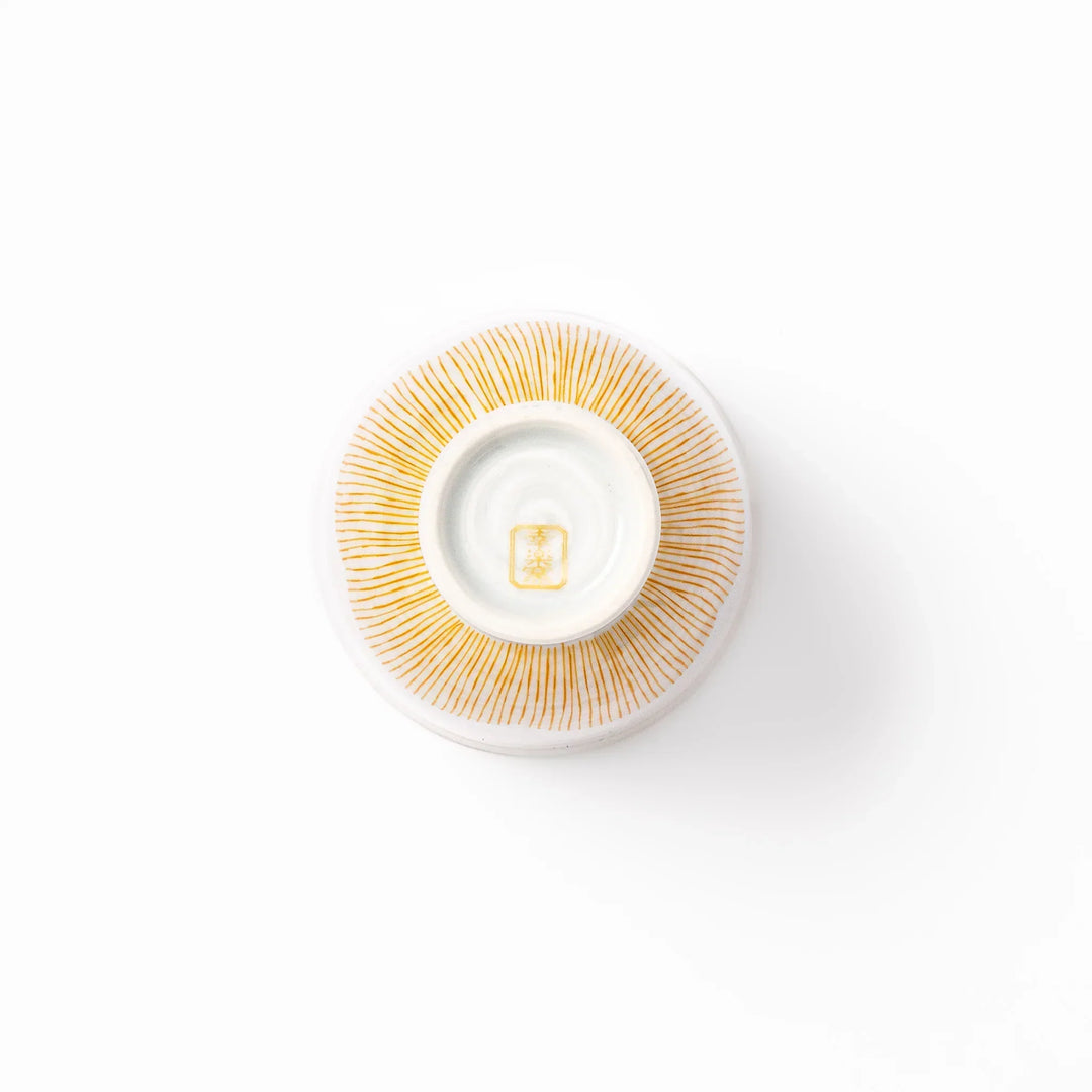 Japanese ceramic tea cup with plum petal stripe design in orange, combining modern minimalism and traditional Japanese style