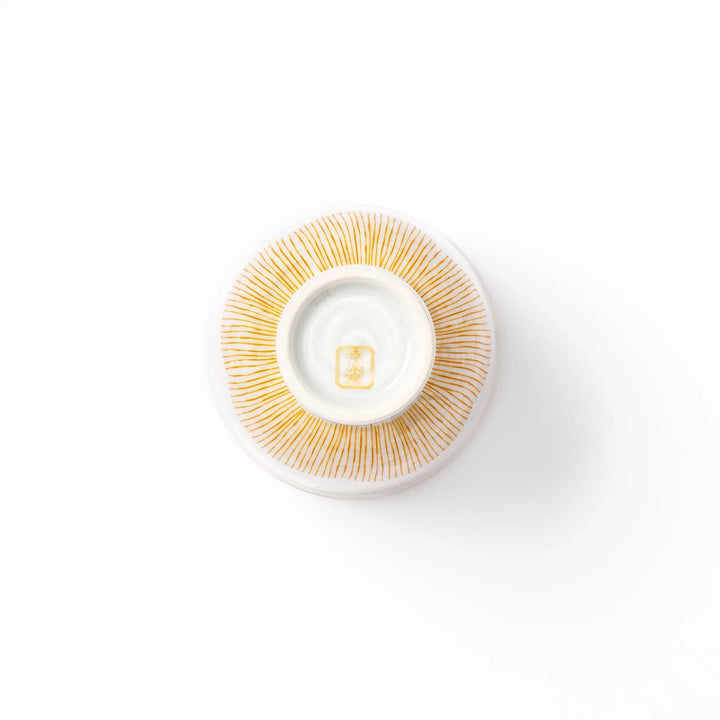 Japanese ceramic tea cup with plum petal stripe design in orange, combining modern minimalism and traditional Japanese style