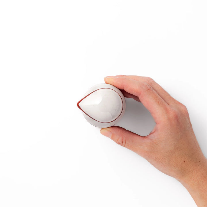 Japanese ceramic soy sauce dispenser with red lid and plum and chrysanthemum blossoms handcrafted in Arita.