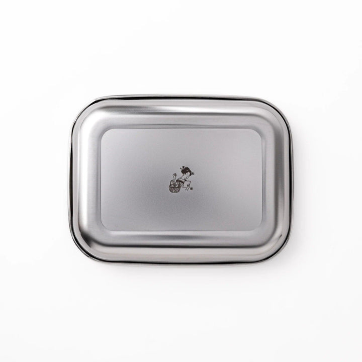Stainless steel prep tray with engraved woman illustration blending Japanese design and kitchen function.