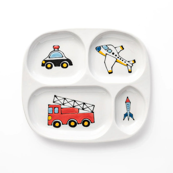 White ceramic kids plate with police car, airplane, fire truck, and rocket motifs in divided sections