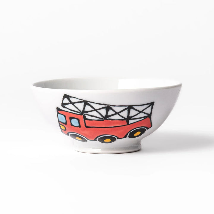White ceramic kids rice bowl featuring red fire truck graphic, round footed base, shown on white background
