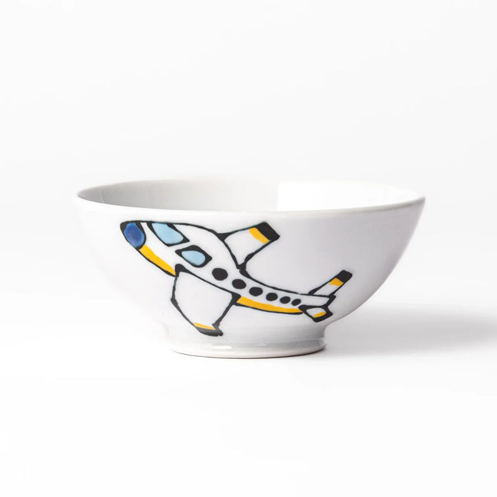 White ceramic kids rice bowl featuring red fire truck graphic, round footed base, shown on white background