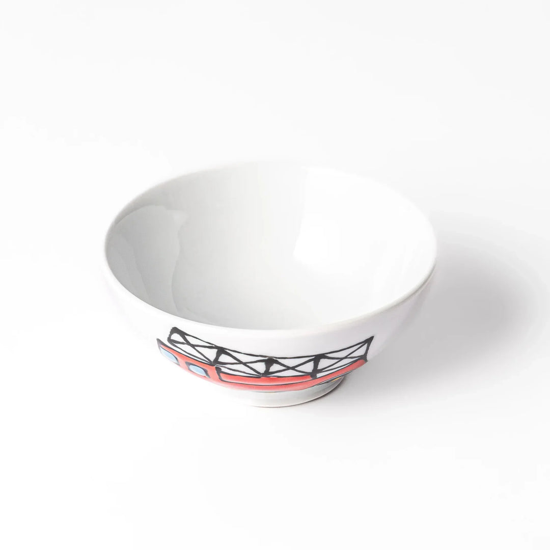 White ceramic kids rice bowl featuring red fire truck graphic, round footed base, shown on white background