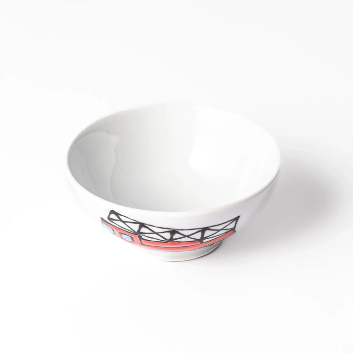 White ceramic kids rice bowl featuring red fire truck graphic, round footed base, shown on white background