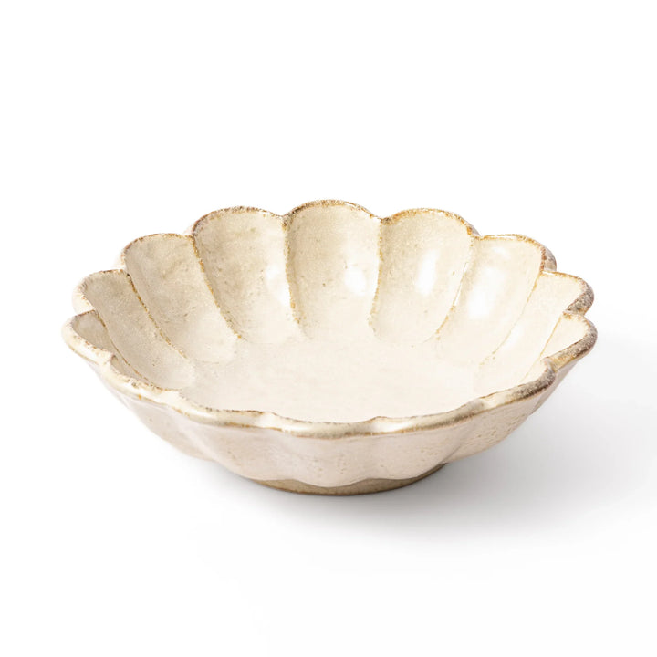 Japanese Rinka ceramic petal pasta bowl in off white, featuring a flower shaped rim and shallow depth for noodles