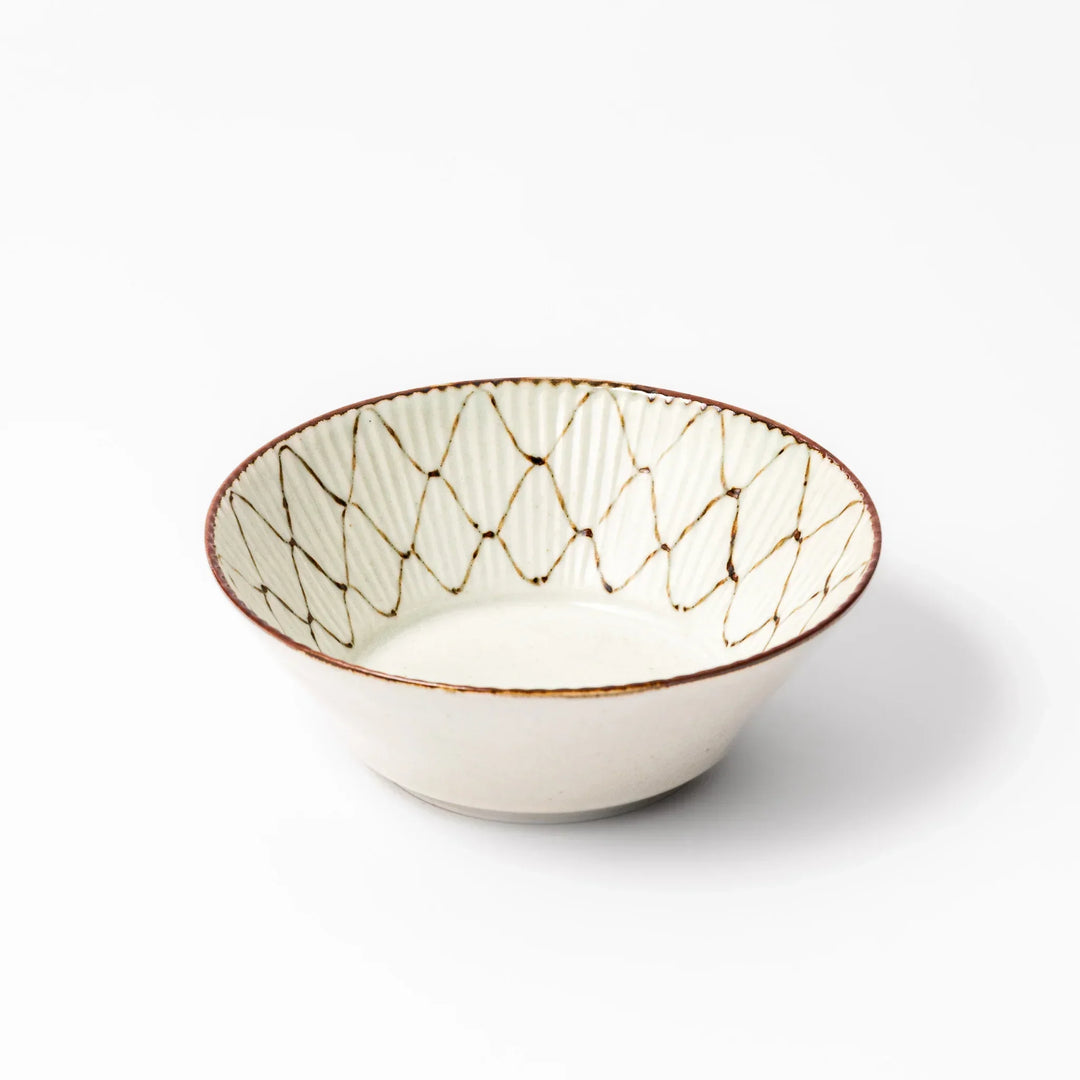 Japanese ceramic cereal bowl with rustic diamond weave pattern and earthy brown rim, perfect for breakfast or everyday dining