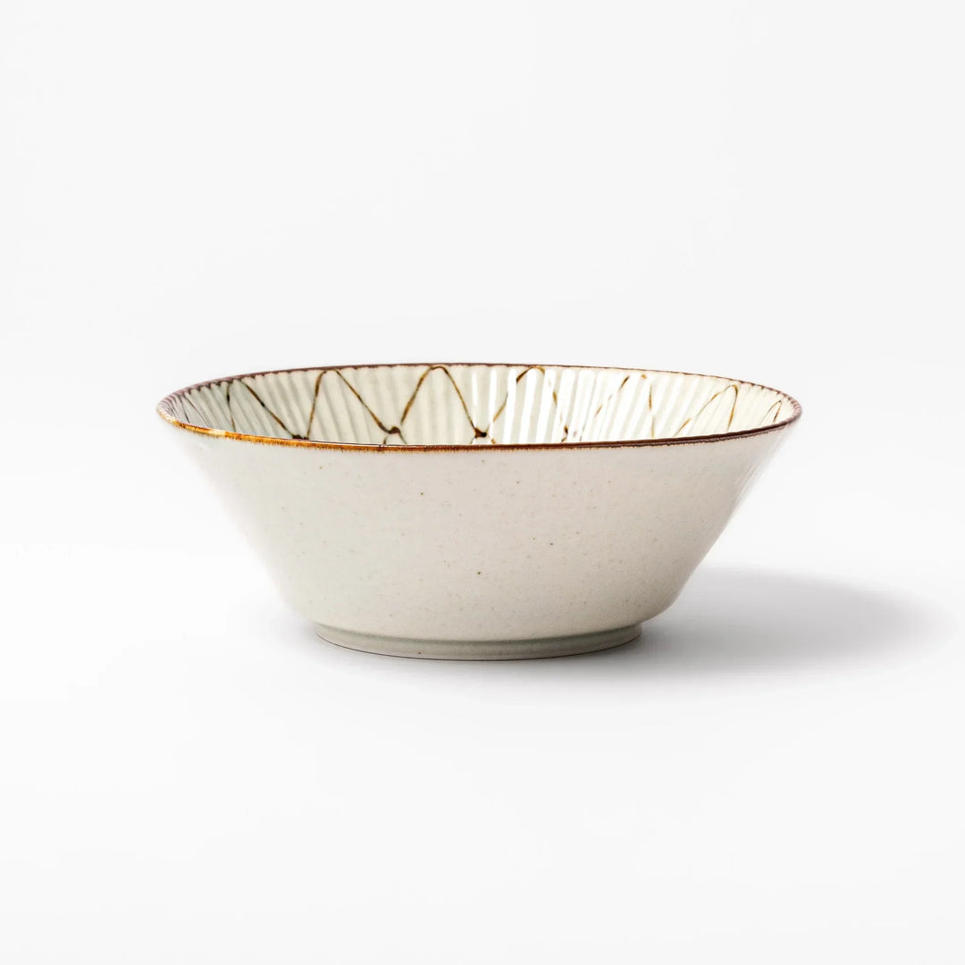 Japanese ceramic cereal bowl with rustic diamond weave pattern and earthy brown rim, perfect for breakfast or everyday dining