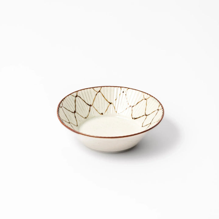 Japanese ceramic dessert bowl with rustic diamond weave pattern and earthy brown rim, ideal for serving sweets or side dishes