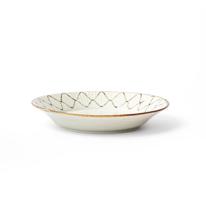 Rustic diamond weave ceramic dessert plate in off white glaze